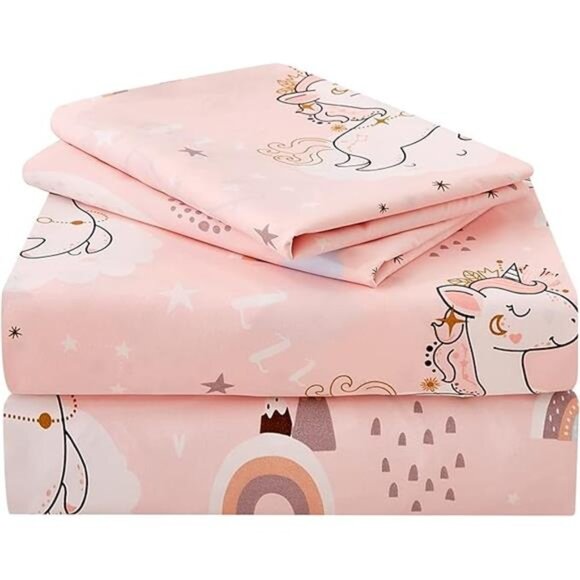 Pink Unicorn Kids Sheet Set Twin Size, 3 Piece Girls Rainbow Printed - Picture 7 of 7